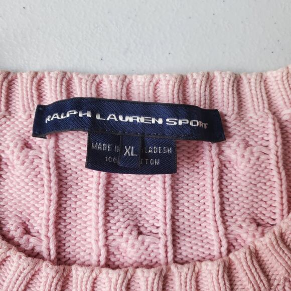 Y2K Ralph Lauren Sport Sweater Womens XL Pink 100% Cotton Cable Knit Pullover - Picture 3 of 10